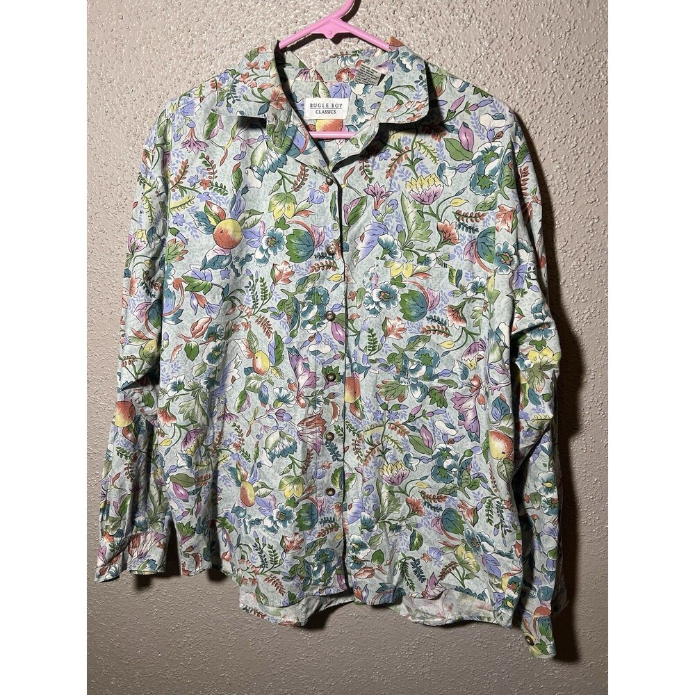 Vintage 90s Bugle Boy Womens Fruit Print Shirt Large Long Sleeve Button Up Top